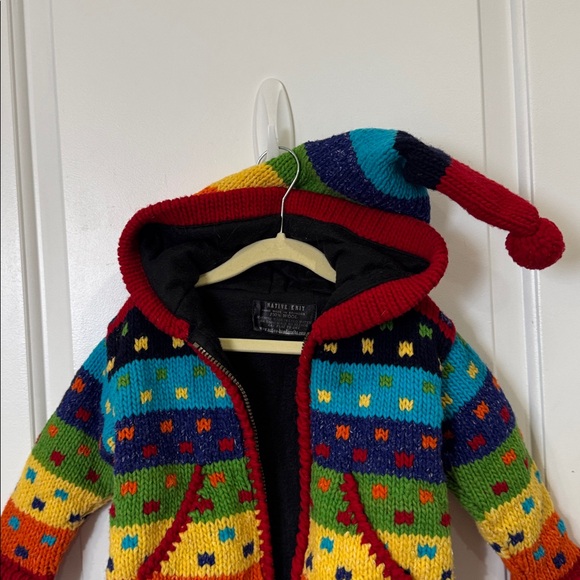 NATIVE KNIT 100% WOOL RAINBOW HOODED FLEECE CARDIGAN 2T-3T - Picture 8 of 8